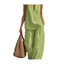 Women Halter Sleeveless 2 Piece Outfit V-Neck Top High Waist Casual Loose Pants Summer XXL
