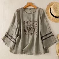 Women Square Neck Floral Embroidery Striped Flare Three Quarter Sleeve Linen Blouse M pilka