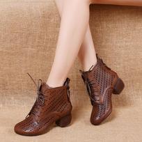 GKTINOO 2025 Summer Ankle Boots Genuine Leather Shoes Women Med High Heel Back Zipper Boots Cutout breathable Mujer Zapatos 8.5