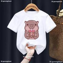 Cute Hippo Drinking Bubble Tea Print Kids Tshirt Summer Fashion Pattern Tshirt Harajuku Kawaii BoysGirls Universal Tops Clothes 100
