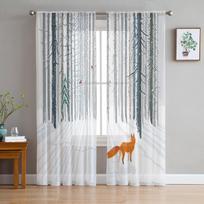 Animal Bird Fox Forest Winter Birch Tree Chiffon Sheer Curtains for Living Room Bedroom Decoration Window Voiles Tulle Curtain W135 x H115cm x1