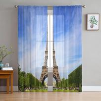 Paris France Cityscape With Eiffel Tower Sunset Chiffon Sheer Curtains for Living Room Bedroom Window Voiles Tulle Curtain 135W x 114H(cm)