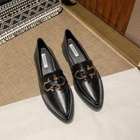 Pointed British Small Leather Shoes, Lazy One-Pedal Muffin Shoes, Thick-Soled Thick-Heeled Metal Buckle Loafers 34 juoda