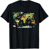 Juokingas pasaulio gyvūnų žemėlapio marškinėlis vaikams, berniukams ir mergaitėms T-Shirt S juoda