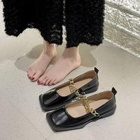 2025 New Dark Green Leather Shoes Woman Metal Chains Band Oxford Flats Female Square Toe Mules Moccasins  Slip on Platform Heels 35 juoda