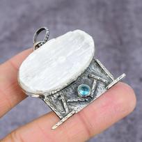 Natural Selenite, Blue Topaz Handmade 925 Sterling Silver Pendant 2.28  G7D43 white