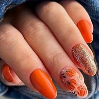 24pcs Mid-length Almond Shape Press On Nails, Fake Nail With Pumpkin Flash Powder Decor, Glitter Full Cover Nails For Women Girls Miss