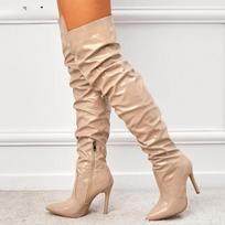 Madingi smailianosiai virš kelių batai moterims, aukštakulniai, lakuotos odos, vienspalviai, stiletto, šoninis užtrauktukas, Sapatos Femininos 35 abrikosas