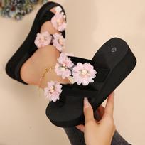 Brand Designer Mesh Floral Decoration Flip Flops Women 2025 Summer Black Wedge Heels Outdoor Slippers Casual Beach Sandals 36 rožinė