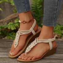 2025 Plus Size Summer Women's Thong Sandals Outdoor Narrow Band Weave Elastic Band Wedges Sandals for Casual Daily Rome Shoes 36 smėlis