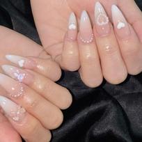 Manicure Long Almond False Nails French Love Heart Fake Nials Bow Pearl Press on Nails DIY