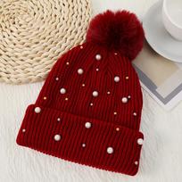 Korean Winter Pearl Rivet Pom Pom Woolen Hat for Women One Size bordinė