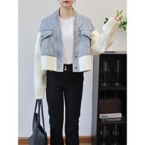Short spliced denim knitted double-sided cardigan autumn and winter new loose temperament sweater jacket women one size fits all