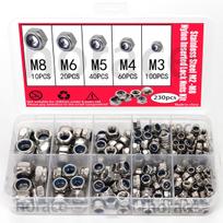 230 dalių nerūdijančio plieno nailoninių fiksavimo veržlių rinkinys, M3-M8 savaime užsifiksuojančios veržlės dėžutėje 230pcs Assortment