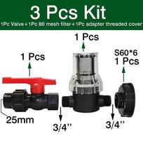3Pcs Kit IBC water tank filter PVC ball valve 1Pc Valve+1Pc 80 mesh filter+1Pc Adapter Cover Garden irrigation G1'' 3/4'' S60x6