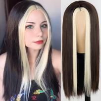 MERISIHAIR Juodi ilgi tiesūs perukai moterims, abiejose pusėse auksiniai plaukai, vidurinė dalis, karščiui atsparūs banguoti Cosplay perukai mergaitei 24inches&CN red