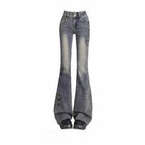 Spring Autumn New Womens Bow Micro Flare Jeans Fashion Designer High Waist Figure Flattering Long Pants S mėlyna
