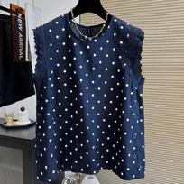 French Unique Polka Dot Fungus Lace Small Flying Sleeve Shirt Women  Temperament Vest Top L mėlyna