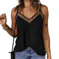 Women Tops Sling Spaghetti Straps V-Neck Mesh Splicing Loose Drape Cut Vest Soft Fabric Summer Casual Tank Tops M juoda