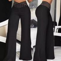 Elegant Solid Flare Pants Women Crisscross Sheer Mesh High Waist Wide Leg Trousers Streetwear Casual Office Ladies Work Pant S juoda