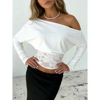 New Sexy Hot Girl One-shoulder Batwing Sleeve Lace-embroidered Summer Women's Blouse XXL juoda