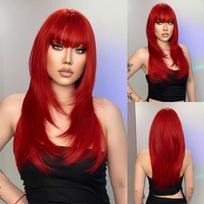 HAIRCUBE Raudonas tiesus sintetinis perukas moterims Ilgas natūralus sluoksniuotas perukas su kirpčiukais Cosplay Party karščiui atsparus pluošto perukas plaukams