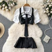 Preppy Style Fashion Erotic Skirt Suits Women Patchwork Short Sleeve Tops + Button Mini Skirt Suit Female Hollow Out Sexy 2 Pieces Sets 2024 One Size juoda