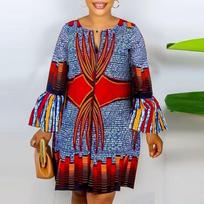 Women Large Size Round Neck Flare Half Sleeve Printed Dresses M raudona