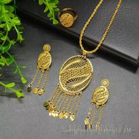 Dubai 24k Gold-Plated Jewelry Set: Tassel Pendant Earrings & Ring – Indian-African Bridal Style 24k Gold Plated