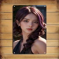Moonchy Metal Wall Art, Korean Woman Profile Purple Hair Decor, Modern Home Gift Sign 20x30cm（7.8x11.8inch）