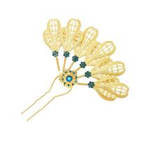 Metal Thai Style Leaf Hair Stick Golden Ethnic Headdress Jewelry Rhinestone Flower Hairpin  Party Gold A