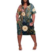 Women Plus Size V Neck Short Sleeve Knee Length Dress with Pockets Casual Loose Fit Floral Print Retro Style Summer Wear XL žalia