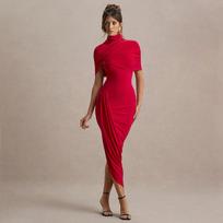 Women's Red High Neck Drape Shawl Asymmetric Ruched Backless Bodycon Midi Dress Elegant Cocktail Evening Wedding Guest Formal Dress S raudona