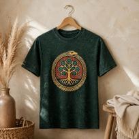Nomad Sari Stonewashed Cotton T-Shirt - Tree of Life - Green - Large