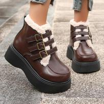 Belt Buckle Decoration Fur Cute Snow Boots Women 2025 Winter Soft Non Slip Thick Bottom Ankle Boots Warm Short Plush Booties 35 ruda