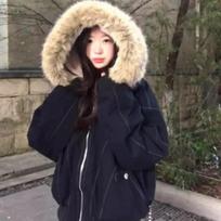 Parkas su gobtuvu ir kailio apykakle Y2k Harajuku Storesni dygsniuoti švarkai Laisvi Užtrauktukas Gotikiniai Moterims&Vyrams Žieminiai paltai Streetwear M juoda