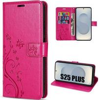 Case for Samsung Galaxy S25 Plus (S25+) - BOOLING - Fuchsia Leather Effect Plant Butterfly Pattern fuksija
