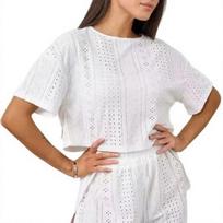 Summer Eyelet 2 Piece Pajamas Set for Women Short Sleeve Crew Neck Top And Shorts Summer Casual Pjs Sleepwear Set M balta