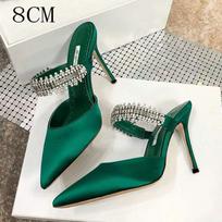 Pointy Pinheel Rhine-Diamond Chain Satin Top High Heels Mullers Pinheel Green Wedding Shoes Flat Bridesmaid Shoes 34