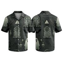 Men Casual Halloween Print Shirt Button Down Short Sleeve Collared Top with and Pumpkin Graphic for Holiday Party L mėlyna