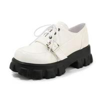 LeShion of Big Plus Size 46 Women Designer Chunky Heels Shoes Thick Platform Buckle Lace-up Goth Flat Shoes Ladies Chic 35 white