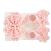 Silicone Grip Floor Socks with Matching Bowknot Headband Elastic Infant Gift Set 0 to 12 Months Comfortable Daily rožinė