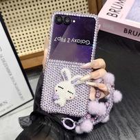 Case for Samsung Galaxy Z Flip7 6 5 4 3 with Crystal Rhinestone 3D Detachable Beaded Wrist Strap Shockproof Cover Phone Bumpers for Samsung Z Flip4 violetinė