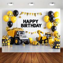 1pc excavator theme birthday party decorations - large dump truck excavator gold ball decorations polka dots black backgroun 150x100 CM