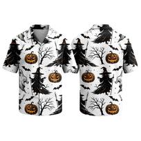 Mens Casual Halloween Printed Button Down Shirt Short Sleeve Lapel Collar Top with Witch Pumpkin and Bat Pattern for Holiday and Everyday Wear L mėlyna