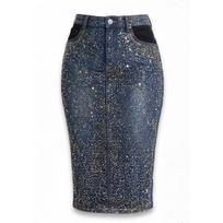Moterų aukštos juosmens džinsinis pieštuko sijonas Slim Fit su kalnų krištolais Midi sijonas Streetwear Bodycon sijonas S mėlyna