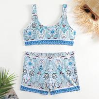 Bikini Ethnic Style Print 2-piece Swimsuit Women Sexy High Waist Tankini U-neck Beachwear Bathing Suit Summer New S mėlyna