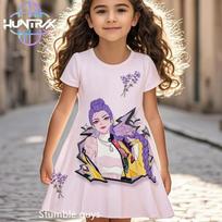 Kpop Demon Hunters Girls Dress Light Summer Cartoon Anime Short Sleeve Beach Sundress Casual Nightgown 100