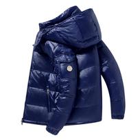 Žieminė pūkinė vyriška striukė trumpa retro blizgus nuimamas gobtuvas baltas ančių pūkinių šiltas paltas Moteriškas šalčiui atsparus parkas XS mėlyna