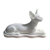 3D Printed Sphynx Cat Figurine, Realistic Hairless Cat Statue, Lying Pose Sculpture with Curved Stable Base, Matte White Ornament for Desktop balta